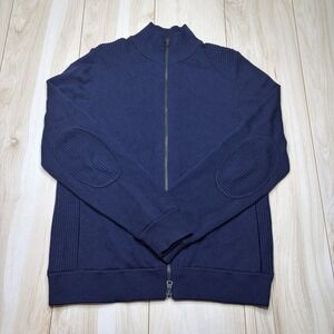 Theory Men's Full Zip Ribbed Cardigan Wool Sweater Knit Mock Neck Blue XL
